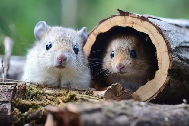 A hedgehog and a bunny both hiding inside a hollow log