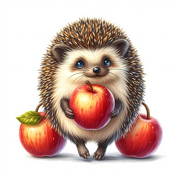 Photo hedgehog carrying apple watercolor illustration