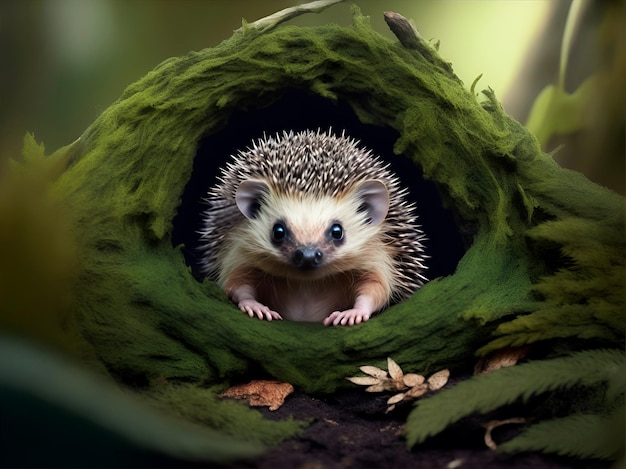 A hedgehog in a cave with moss looking to the camera