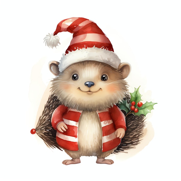 Hedgehog christmas holiday fantasy watercolor