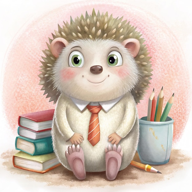 A hedgehog clad in a polkadotted shirt and a red bow tie sits atop a pile of colorful books