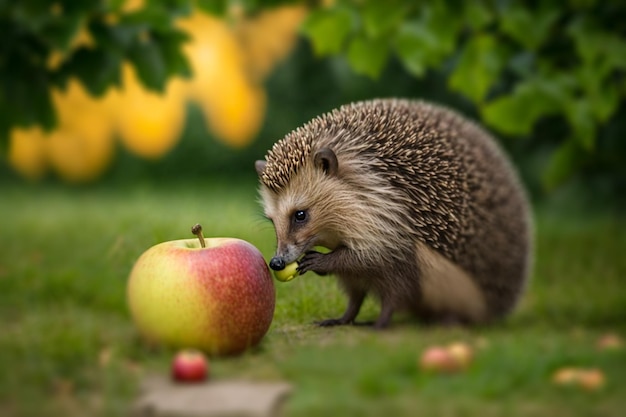 Hedgehog는 정원에서 바구니 그림으로 사과를 수집합니다. Generative AI