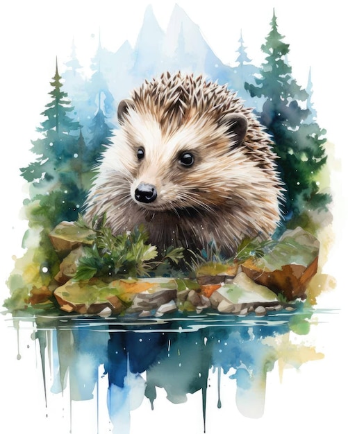 Hedgehog Double exposure of a Hedgehog and nature mountains trees in watercolor art