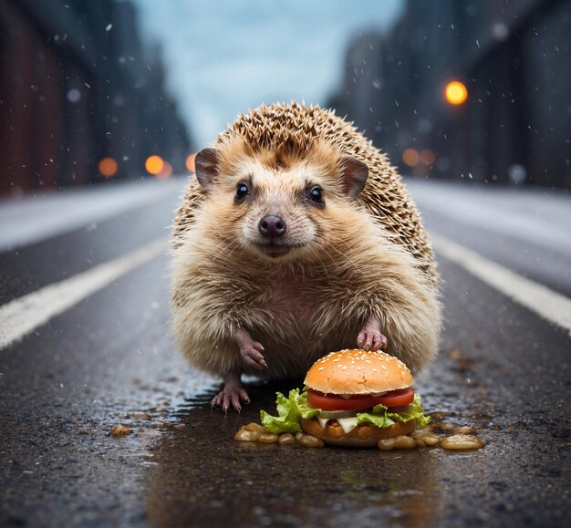 Hedgehog eating a hamburger on the road in the rain