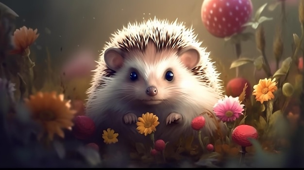 A hedgehog in a flower garden