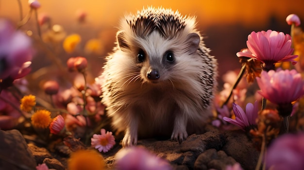 Hedgehog in flowers Generative AI