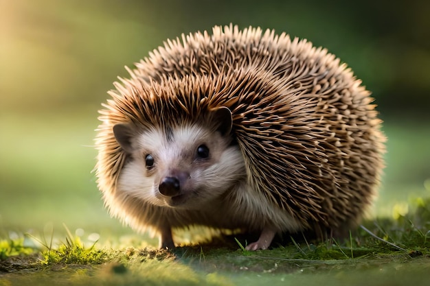 A hedgehog in the grass with the sun behind it.