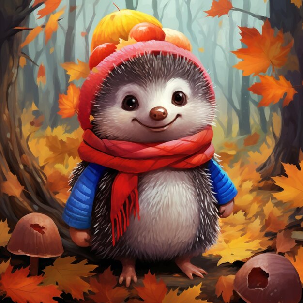 Hedgehog in a hat and scarf standing in the woods generative ai