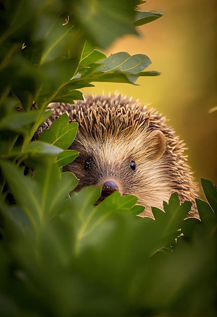 Hedgehog hiding in some foliage generative ai