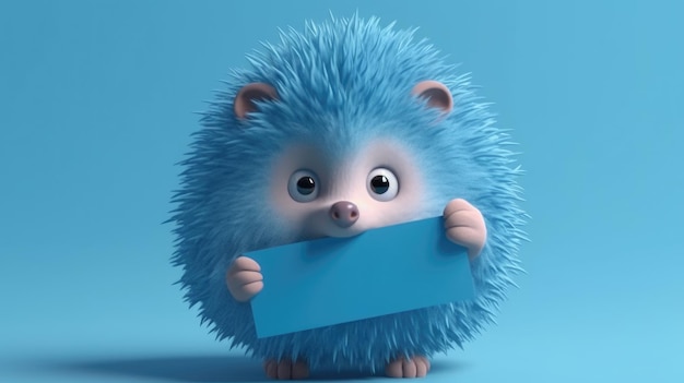 Hedgehog holding a blue banner in front of a blue background