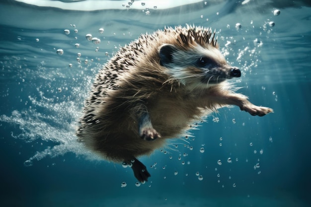 Hedgehog is dives underwater Beautiful illustration picture Generative AI