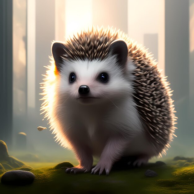 Hedgehog is sitting on a rock in a city setting with tall buildings in the background and a bright light shining on the ground AI