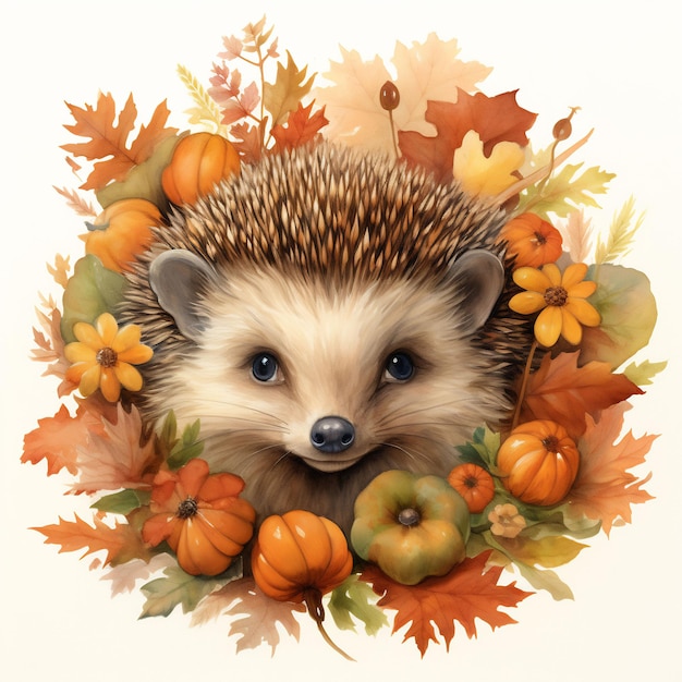 a hedgehog is surrounded by autumn leaves