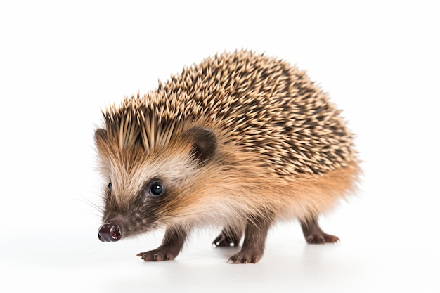 a hedgehog is walking on a white surface