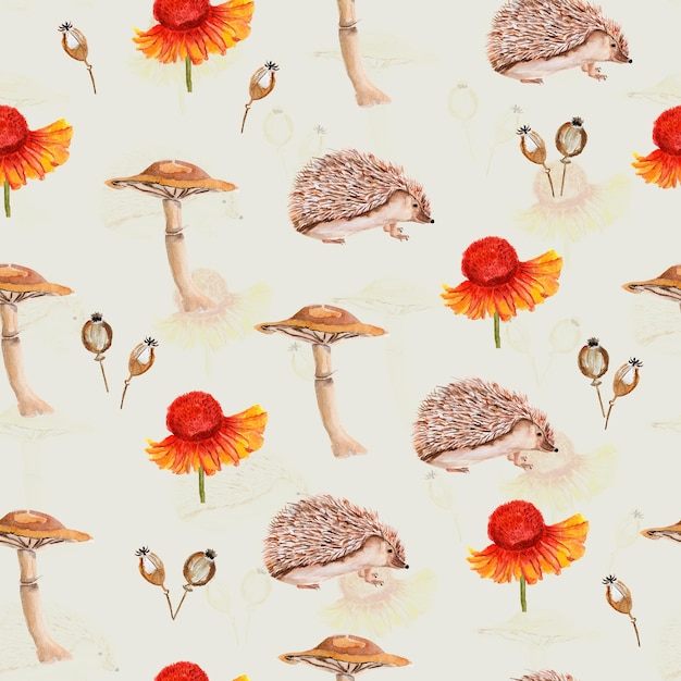 Hedgehog mushroom watercolor seamless pattern