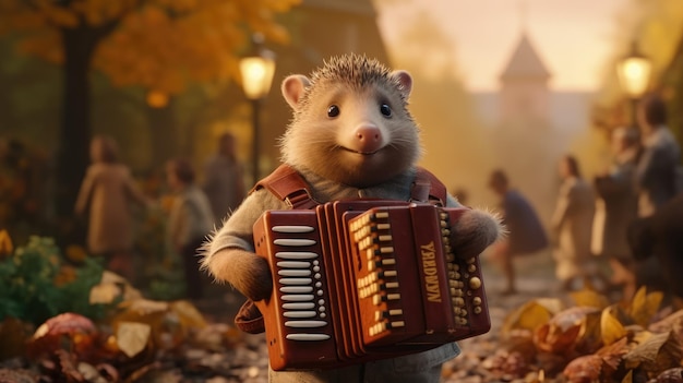 Hedgehog playing accordion during an Oktoberfest event Generative AI