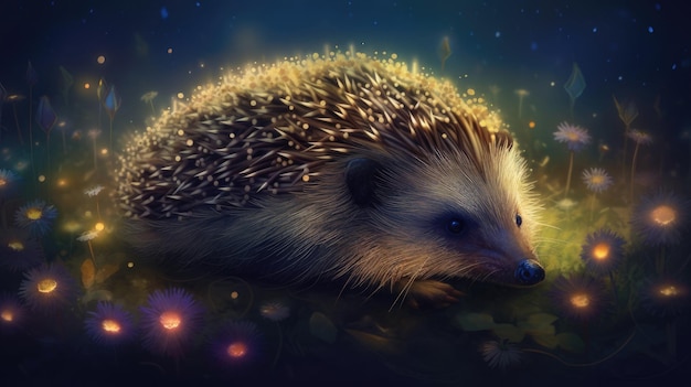 A hedgehog on a pond with lights in the background