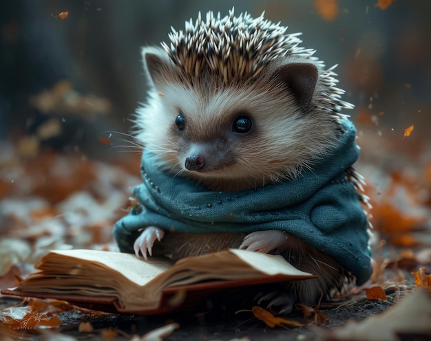 Hedgehog reading book in the autumn forest