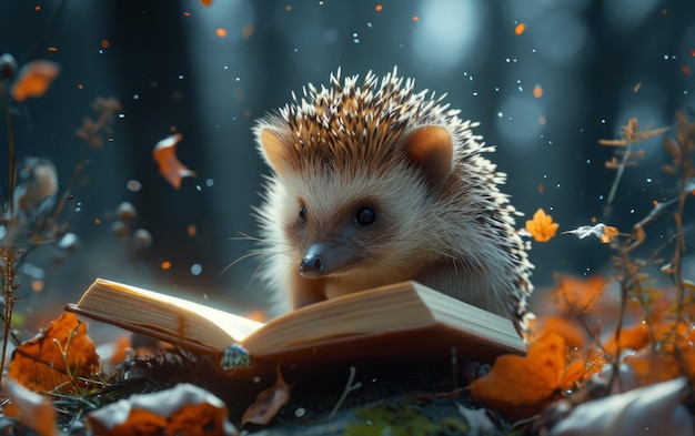 Hedgehog Reading Book in Field of Flowers A cute hedgehog immersed in a book enjoying its literary adventure amidst a blooming meadow