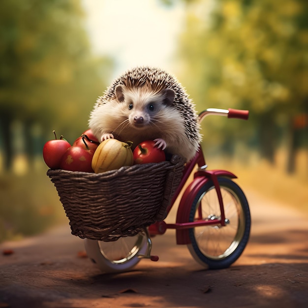 A hedgehog riding a bicycle with a basket full of tomatoes.