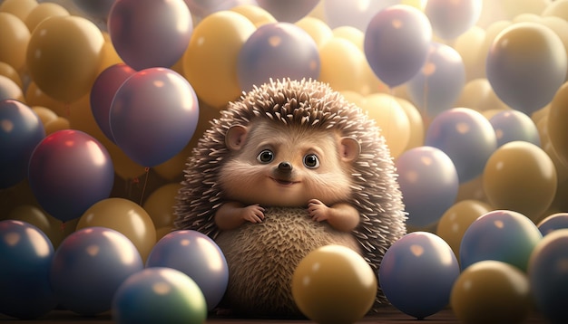 A hedgehog sits among balloons in a ball pit