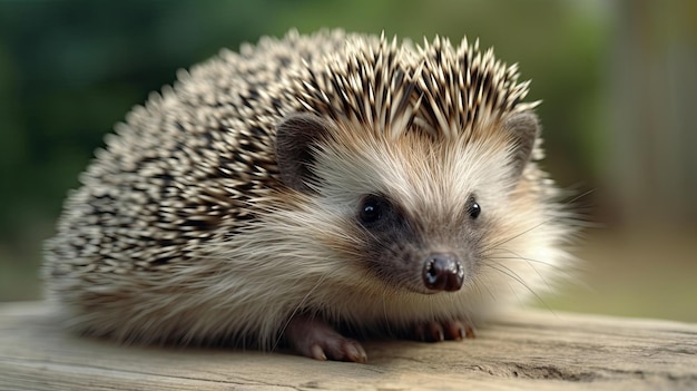 A hedgehog sits on a wooden surface.