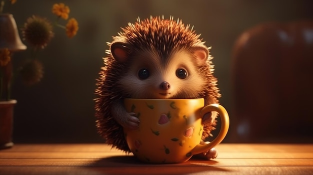 A hedgehog sits in a yellow cup with a yellow mug.