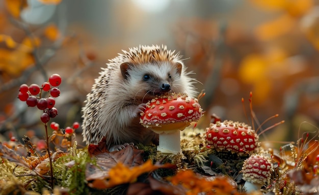 Photo hedgehog sitting in the autumn forest and eating fly agaric