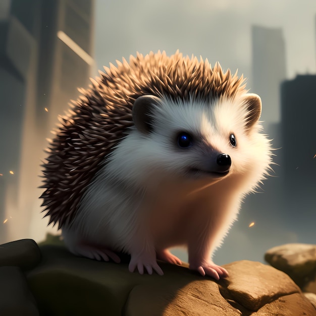 Hedgehog sitting on a rock in a city setting with a city in the background ai