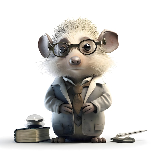 Hedgehog in a suit and glasses with books on a white background