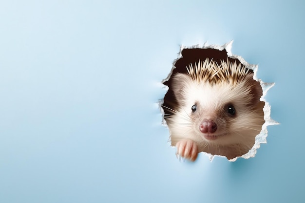 Hedgehog in surprise through a hole in the paper on a pastel blue background with copy space