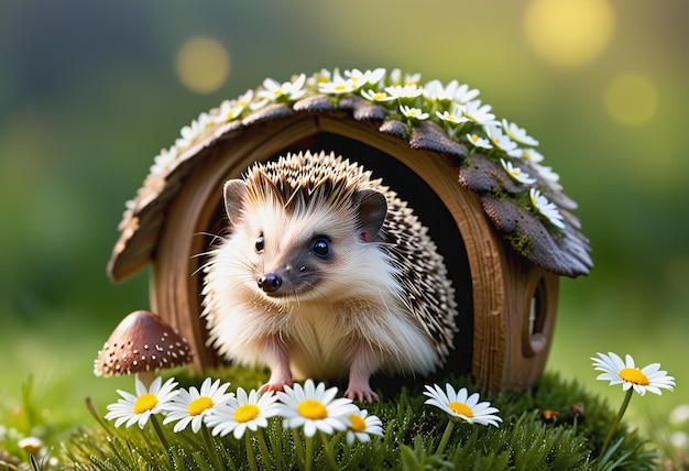 The hedgehog was perched on a mossy rock with daisies all around