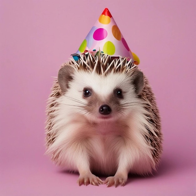 A hedgehog wearing a party hat sits on a pink background