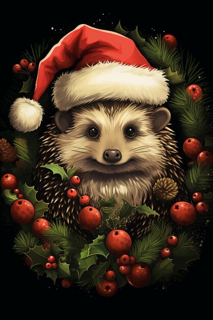 hedgehog wearing a santa hat surrounded by holly leaves and berries generative ai