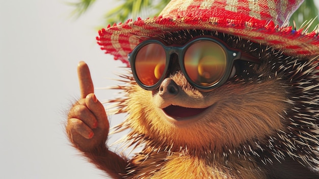 Photo hedgehog wearing sunglasses and straw hat