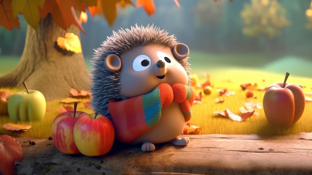 A hedgehog with an apple on his shoulder sits on a log in a fall scene.