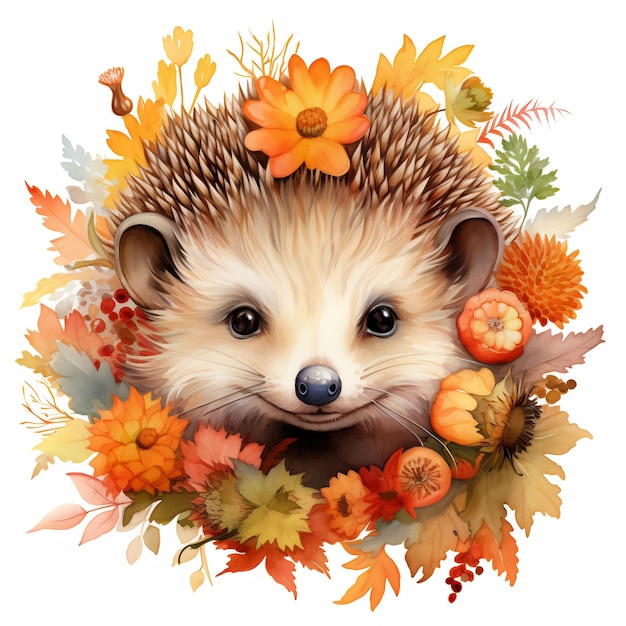 a hedgehog with autumn leaves around its head