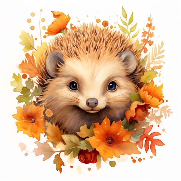 a hedgehog with autumn leaves and a picture of a hedgehog