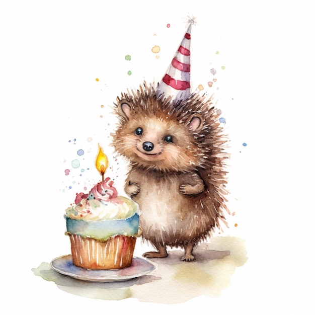 カップケーキの隣に立っている誕生日カップケーキとパーティーハットを持つヘッジホッグ