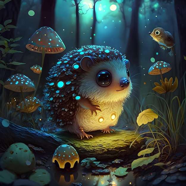 A hedgehog with blue eyes stands on a rock in a forest with mushrooms.