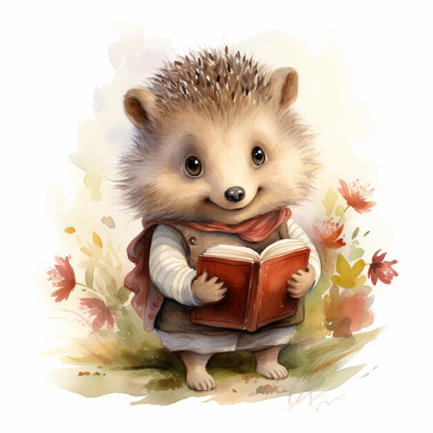 Hedgehog with a book in his hands generative ai