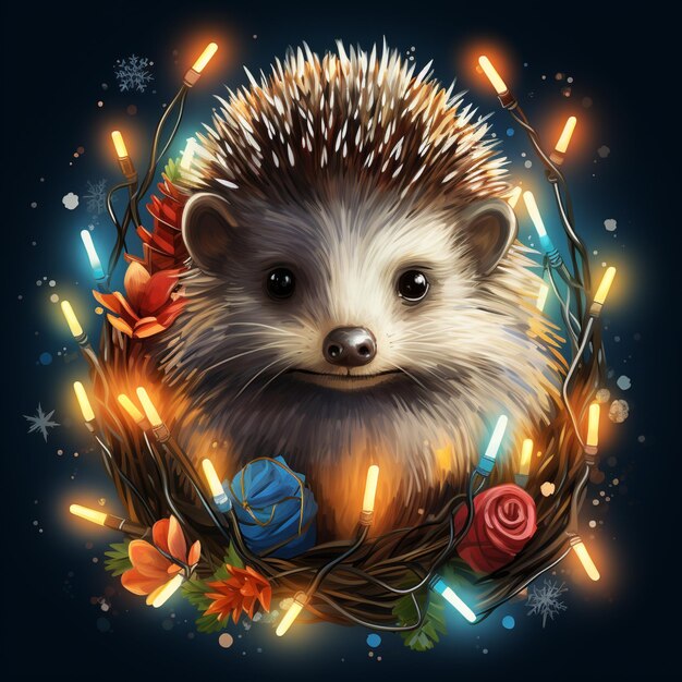 hedgehog with christmas lights and flowers in a wreath generative ai