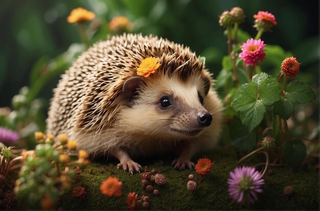 Photo a hedgehog with a flower on its head