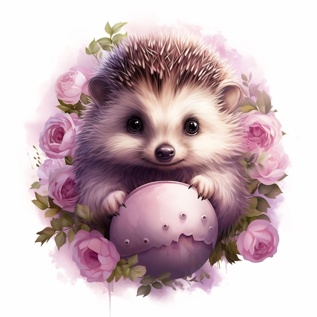 a hedgehog with flowers and a pink ball in the middle