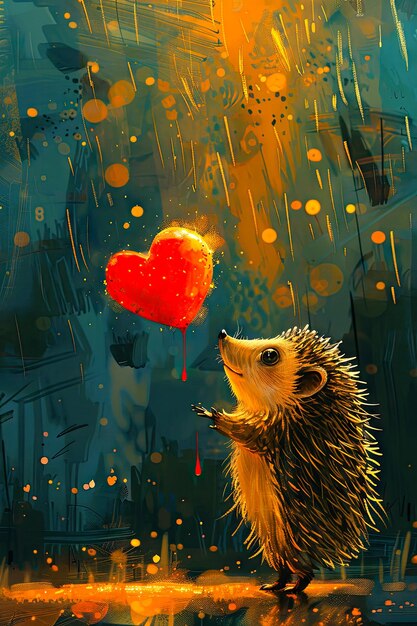 Photo a hedgehog with a heart in his mouth is looking at a red heart