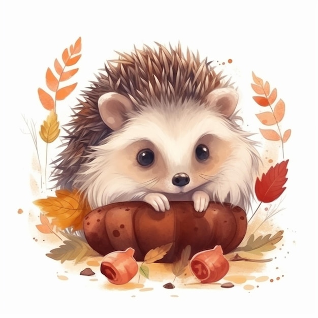 Hedgehog with a pumpkin and acorns in autumn leaves generative ai