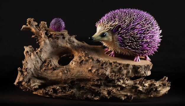 Photo a hedgehog with purple eyes and a purple nose sits on a piece of wood.