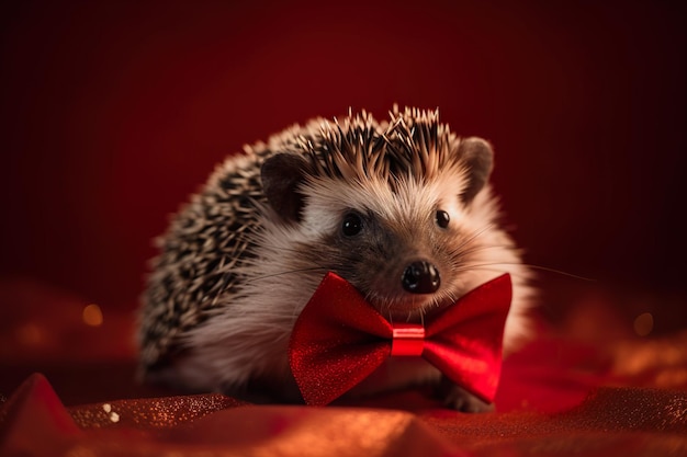 A hedgehog with a red bow tie on it