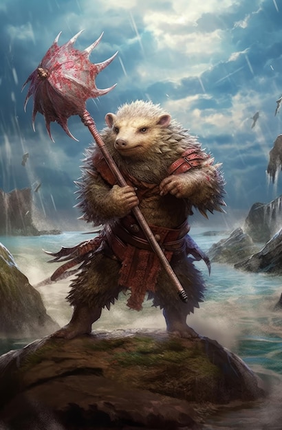 A hedgehog with a red scythe on his head stands on a rock with the water and the sky behind him.