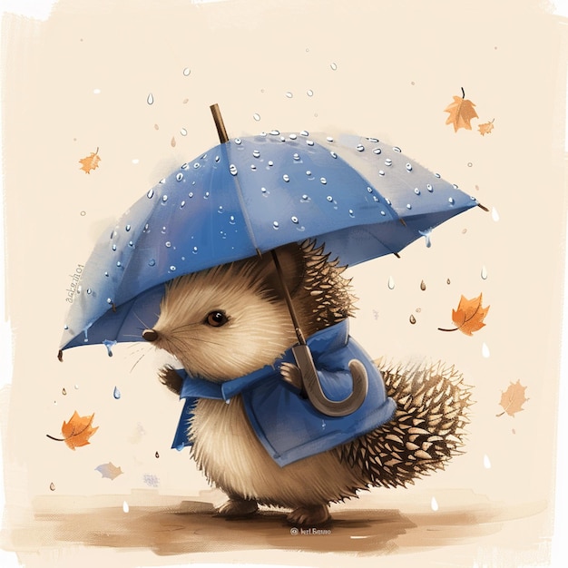 hedgehog with umbrella in the rain generative ai